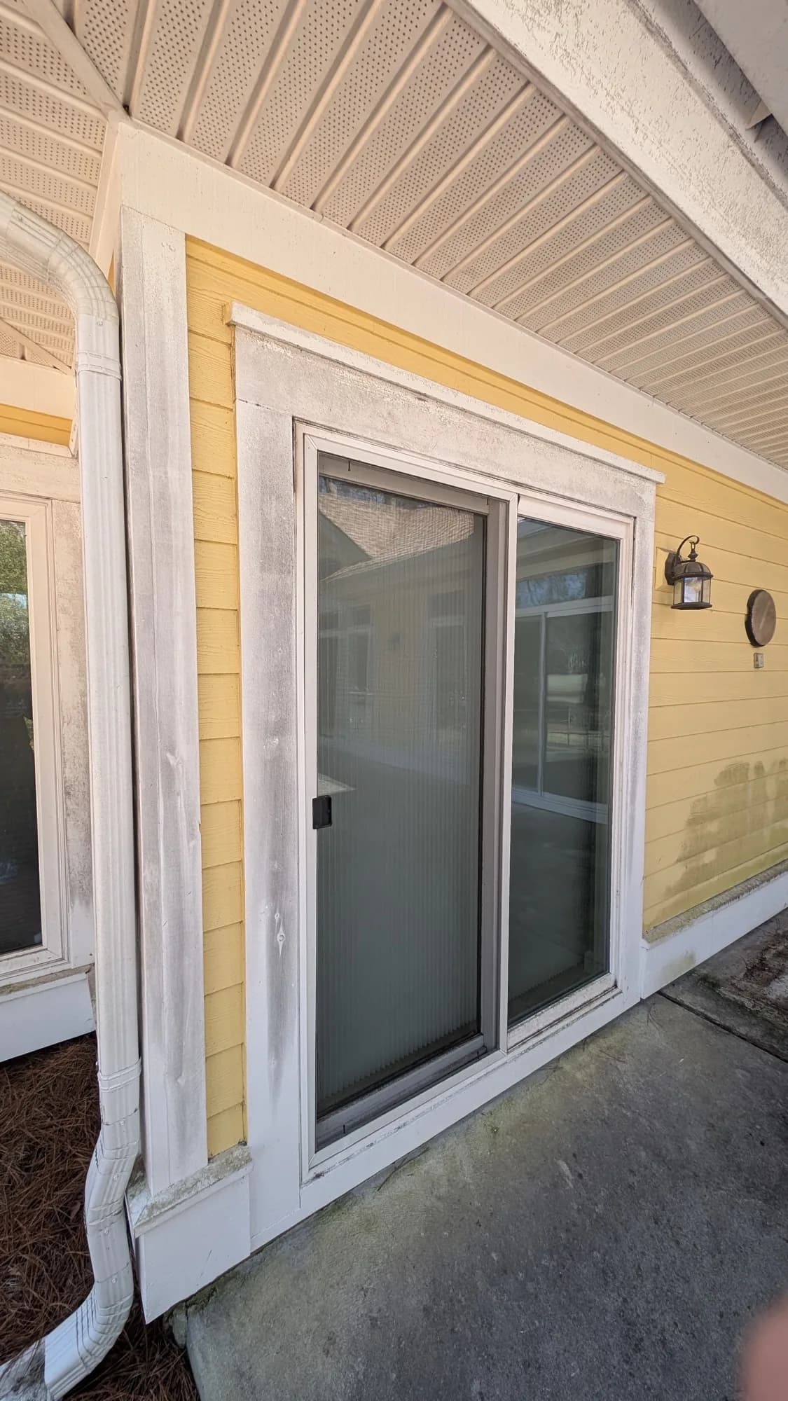 Patio sliding door area with stained siding and concrete before cleaning